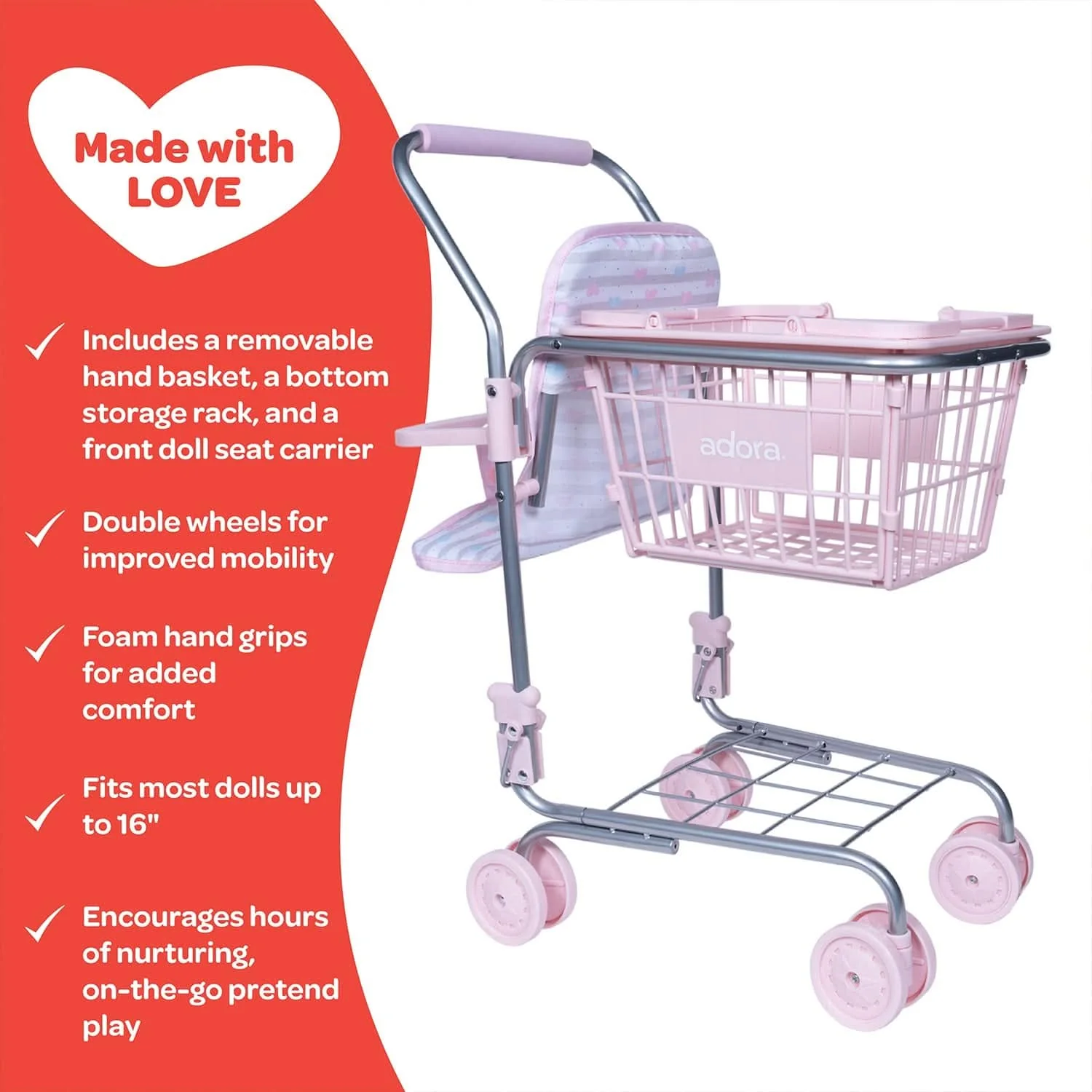 Adora 2-in-1 Small Shopping Cart with Doll Seat – Classic Pastel Pink - Image 6