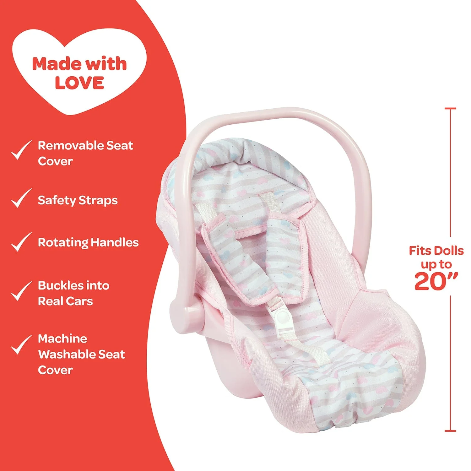 Adora Baby Doll Car Seat Carrier - Pastel Pink Hearts - Image 4