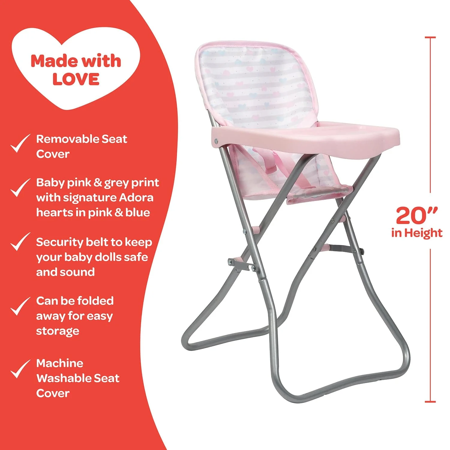 Adora Baby Doll High Chair - Pastel Pink Hearts - Image 5