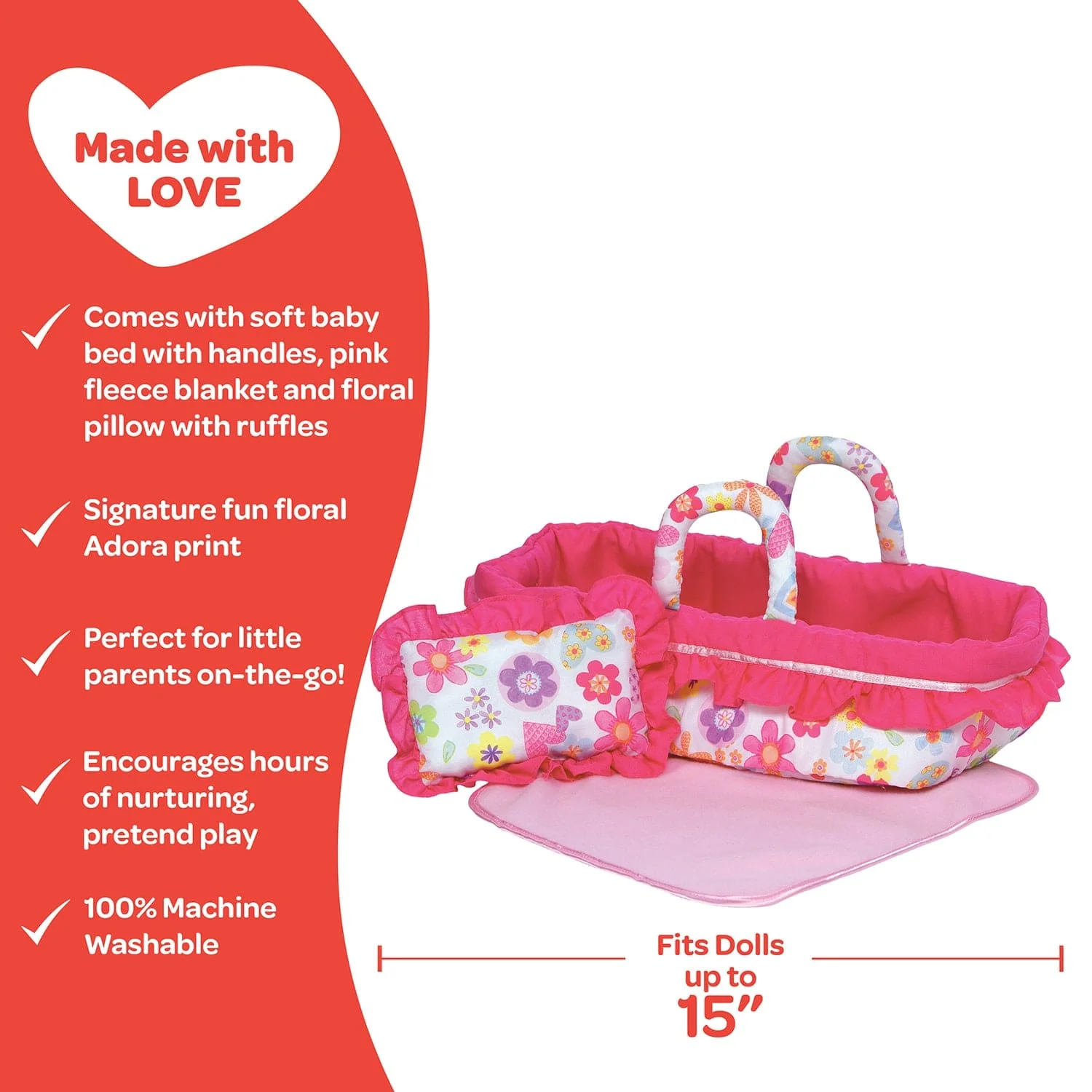 Adora Snuggle Baby Doll Bed - Pink Flower Power - Image 4
