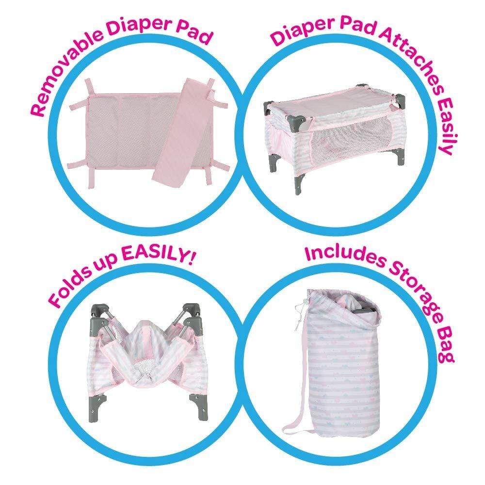 Adora Deluxe Baby Doll Pack-N-Play & Changing Table Set - Pastel Pink Hearts - Image 4
