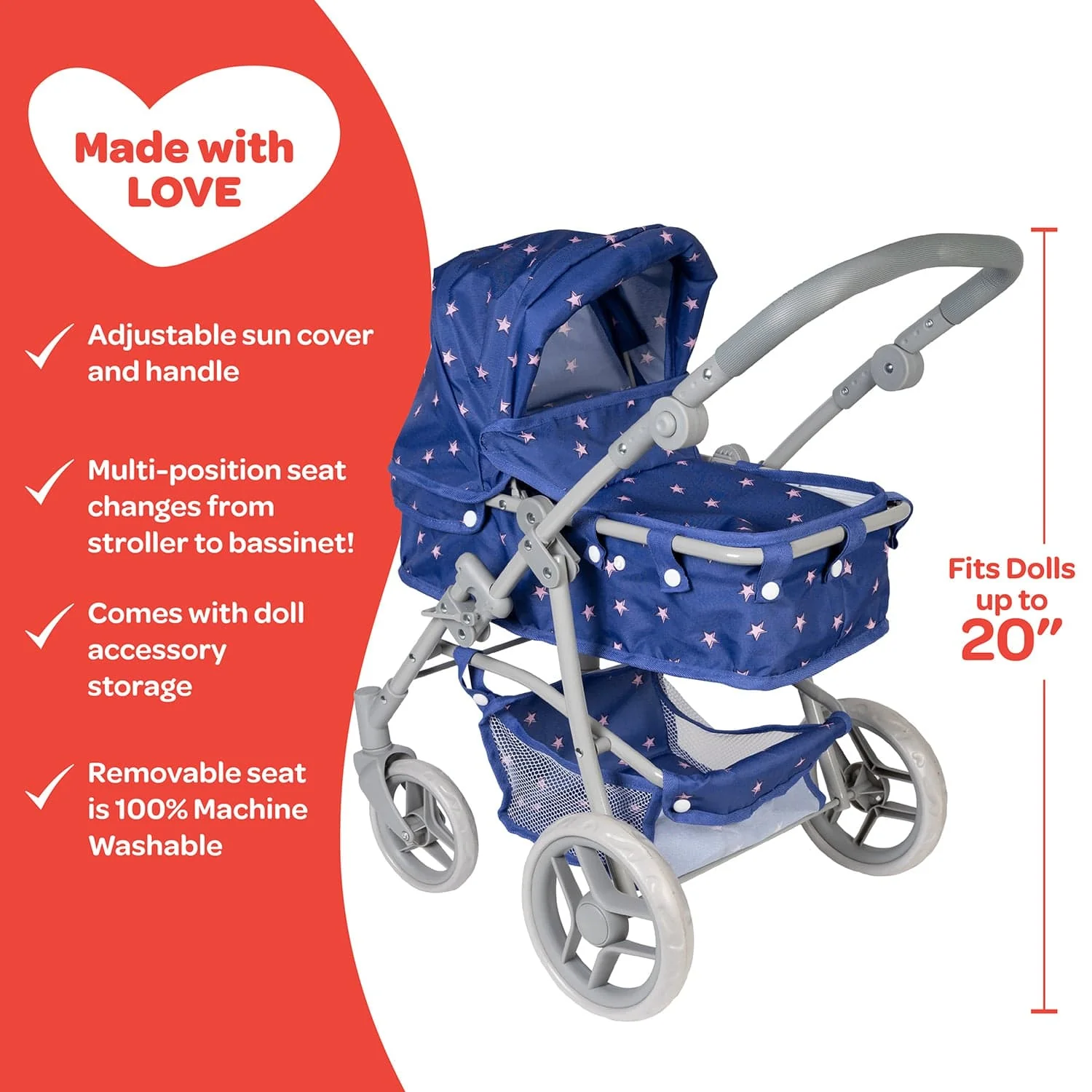 Adora 2-in-1 Convertible Baby Doll Stroller & Bassinet - Starry Night - Image 5