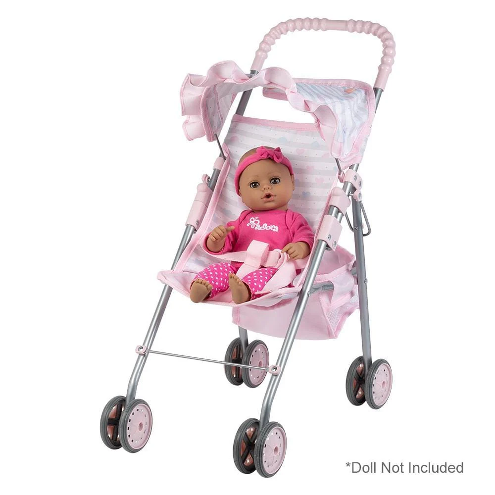 Adora Pastel Pink Heart Baby Doll Stroller with Umbrella Shade & Ruffle Trim - Image 3