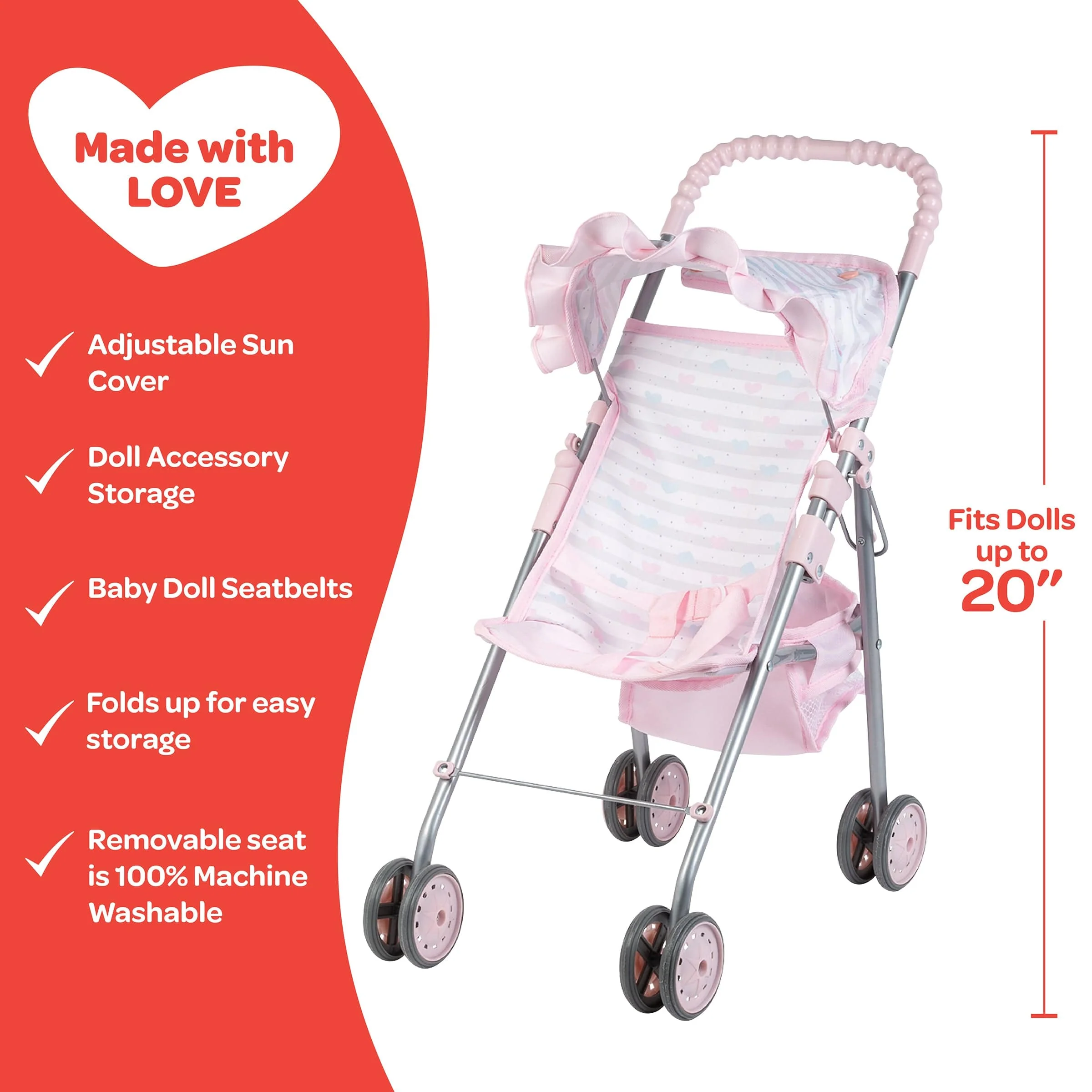 Adora Pastel Pink Heart Baby Doll Stroller with Umbrella Shade & Ruffle Trim - Image 4