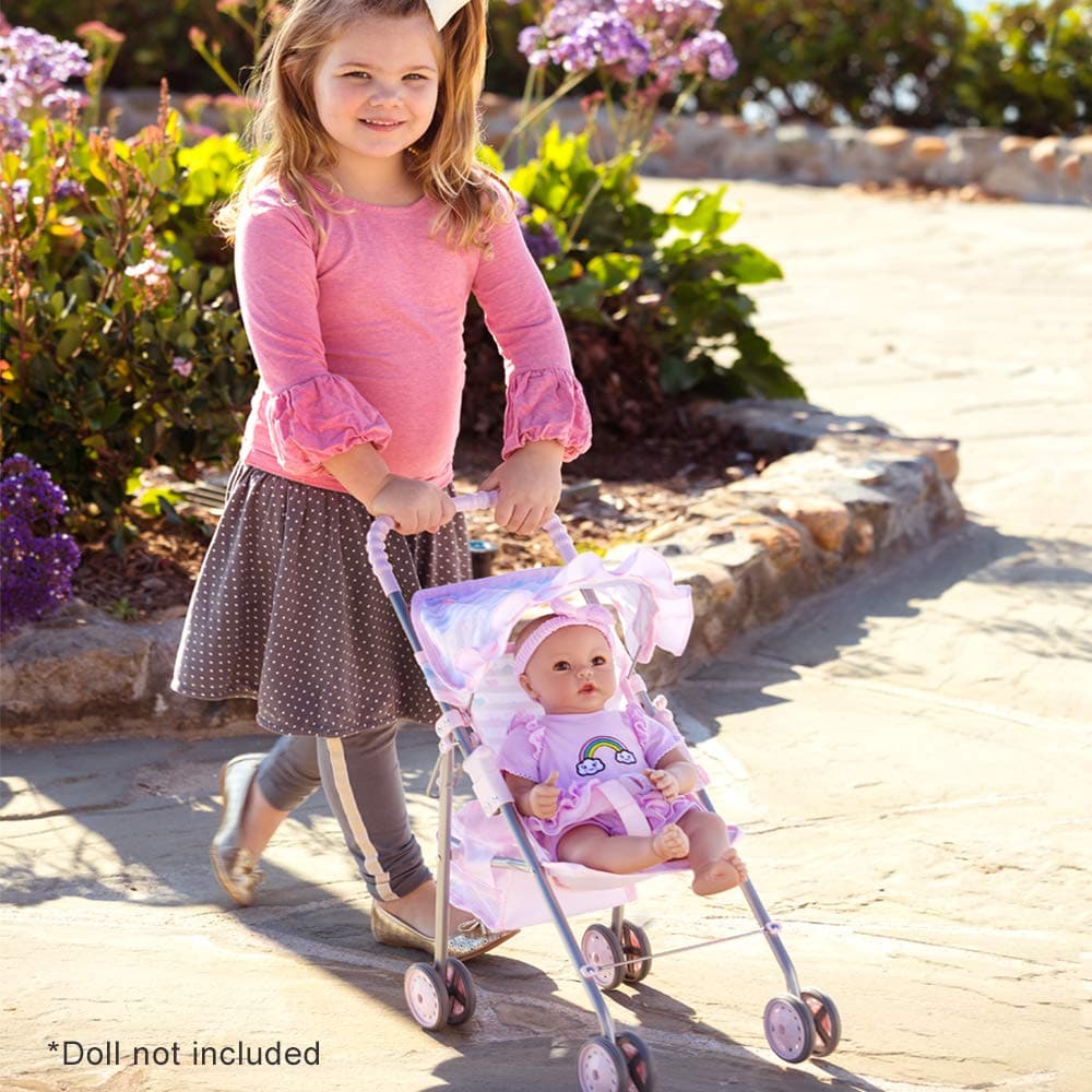 Adora Pastel Pink Heart Baby Doll Stroller with Umbrella Shade & Ruffle Trim - Image 6