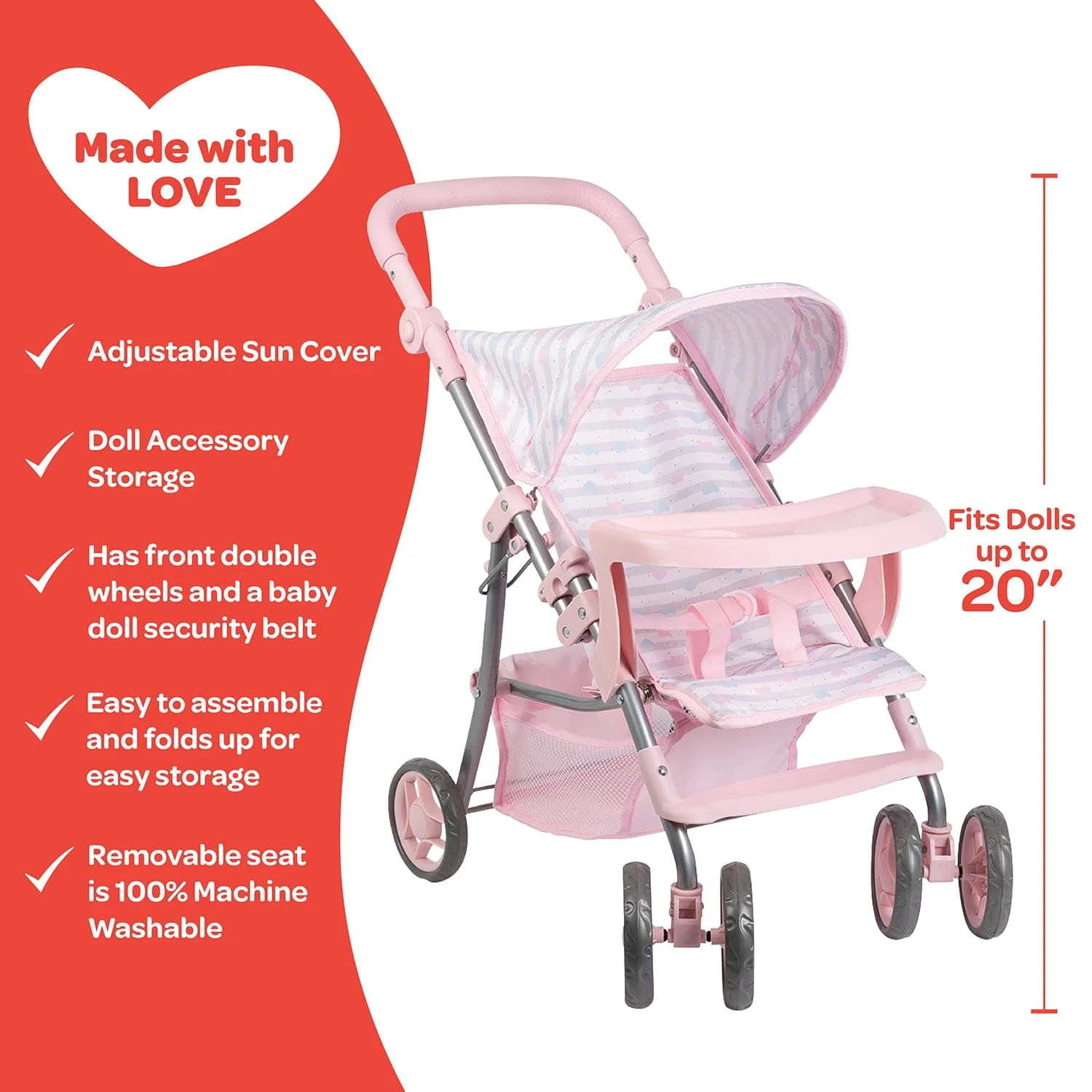 Adora Snack N Go Baby Doll Stroller with Shade - Pastel Pink Hearts - Image 3