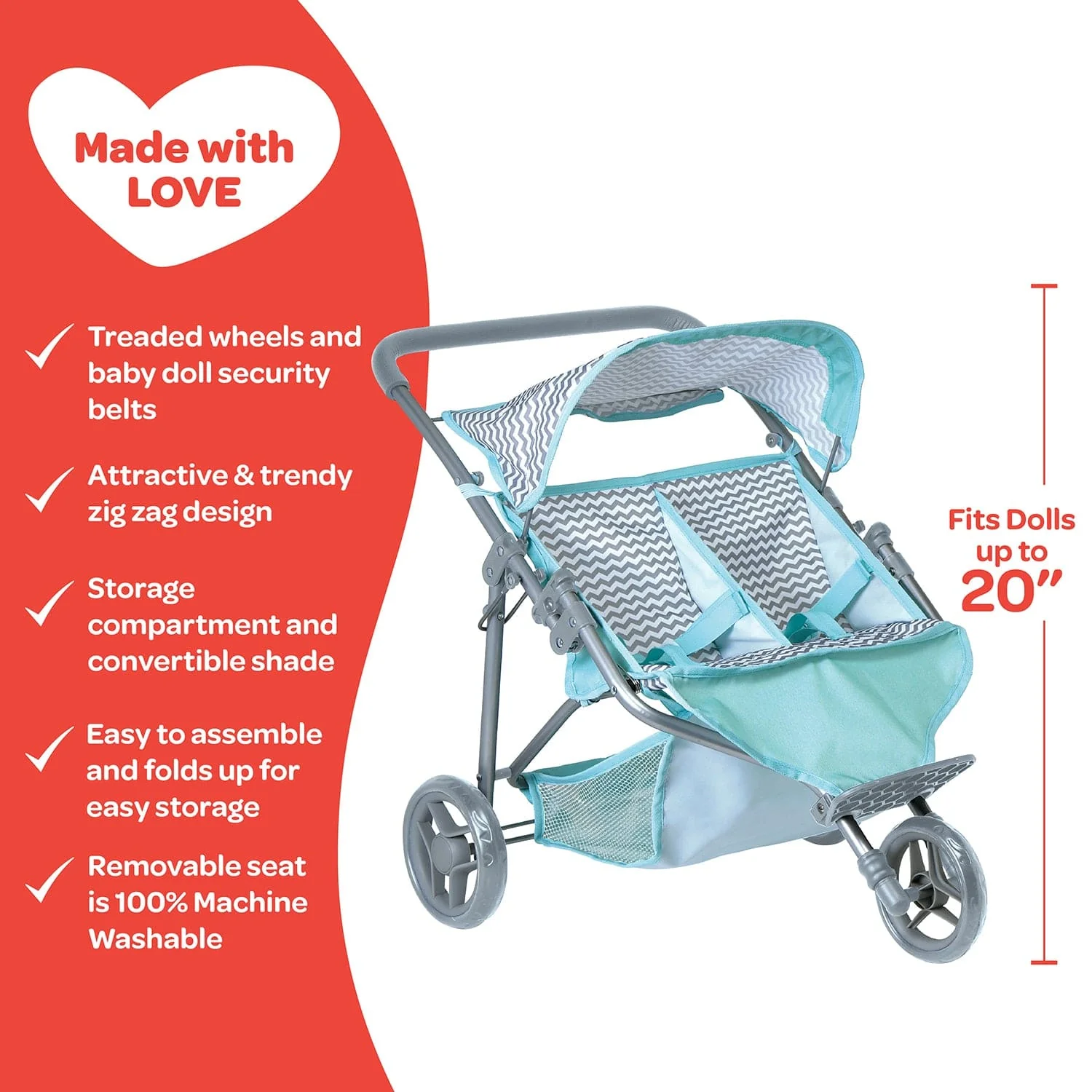 Adora Twin Jogger Baby Doll Stroller - Zig Zag - Image 4