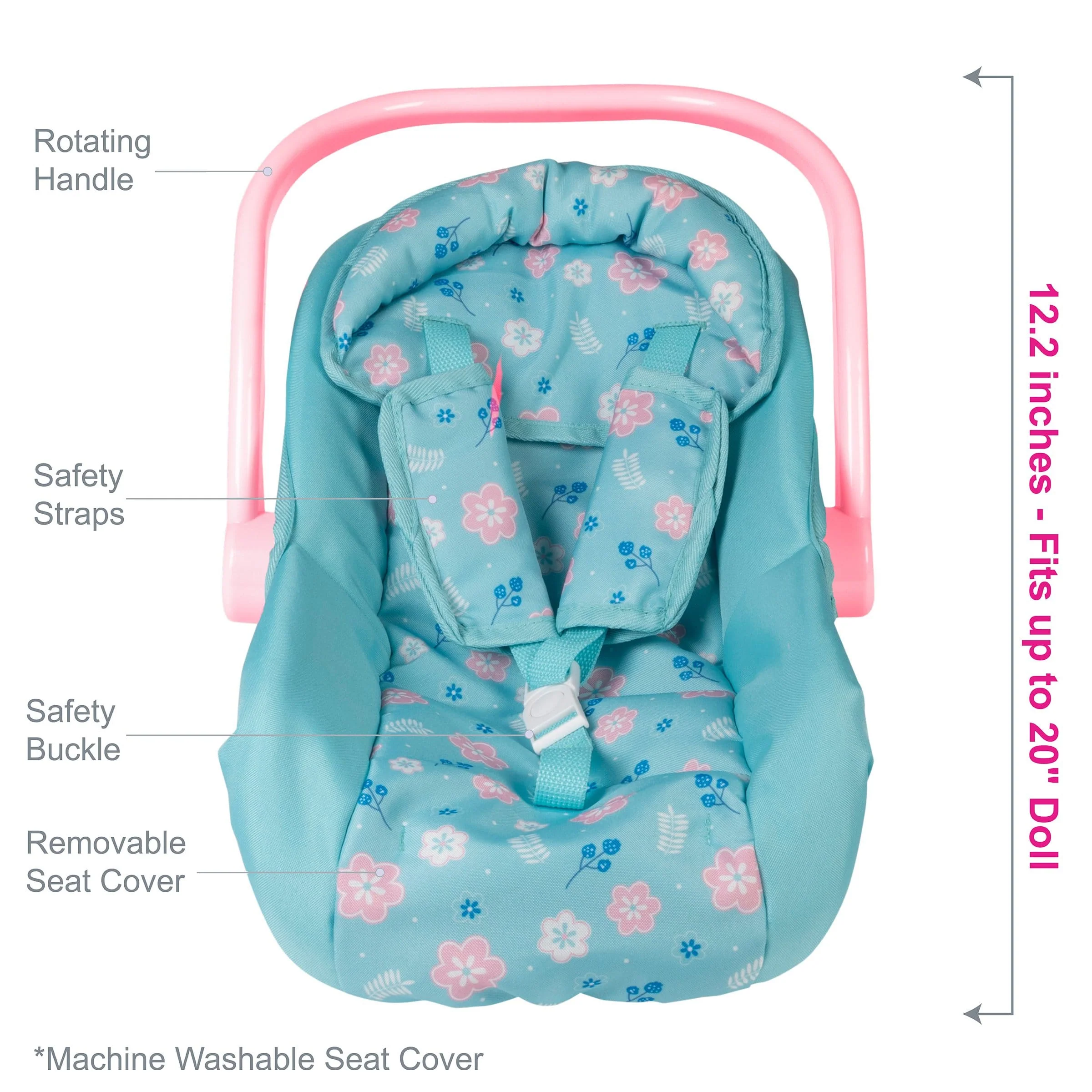 Adora Baby Doll Car Seat - Blue Flower Power (Pink handle) - Image 3