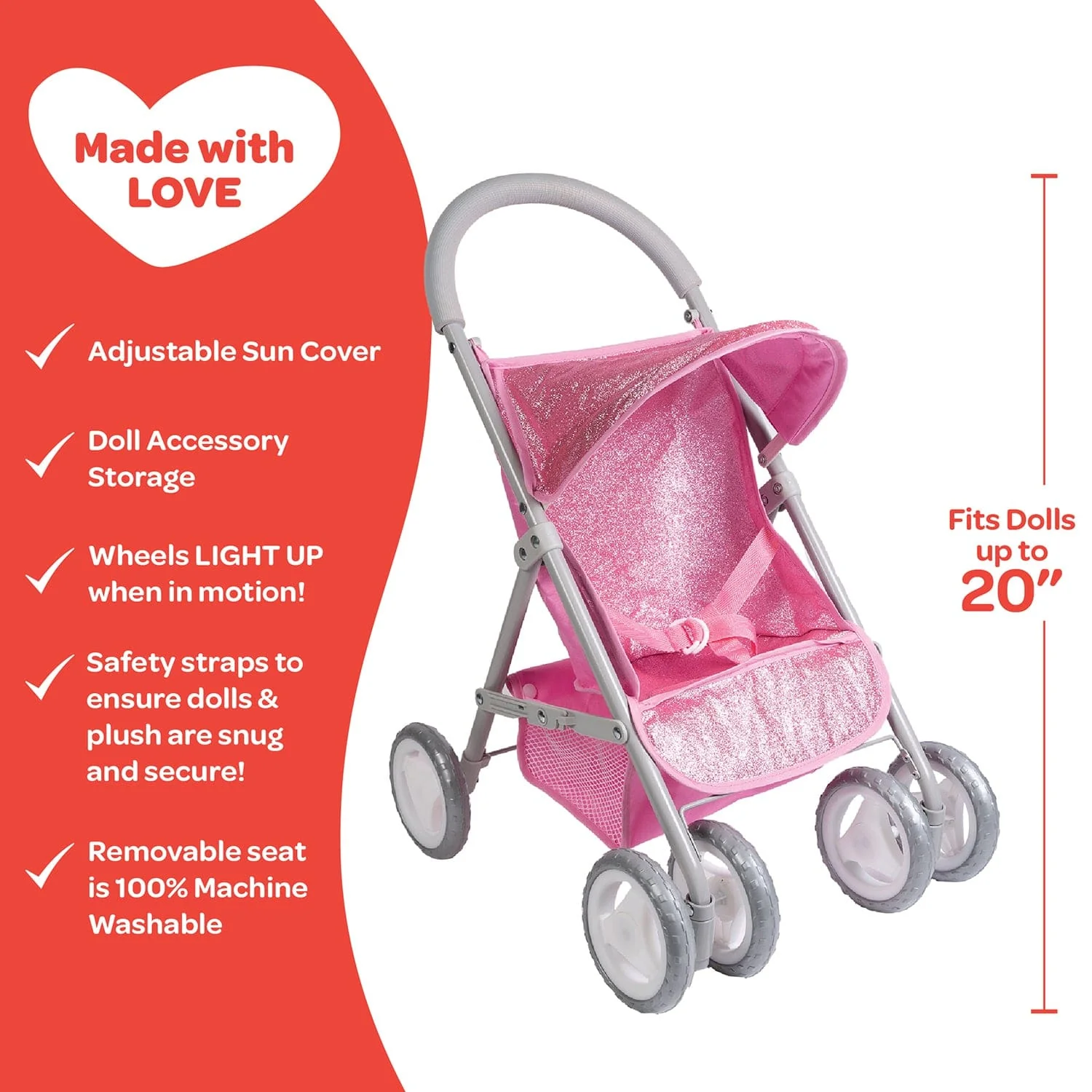 Adora Glittery Baby Doll Stroller with Light-Up Wheels & Medium Shade - Glam Pink - Image 5