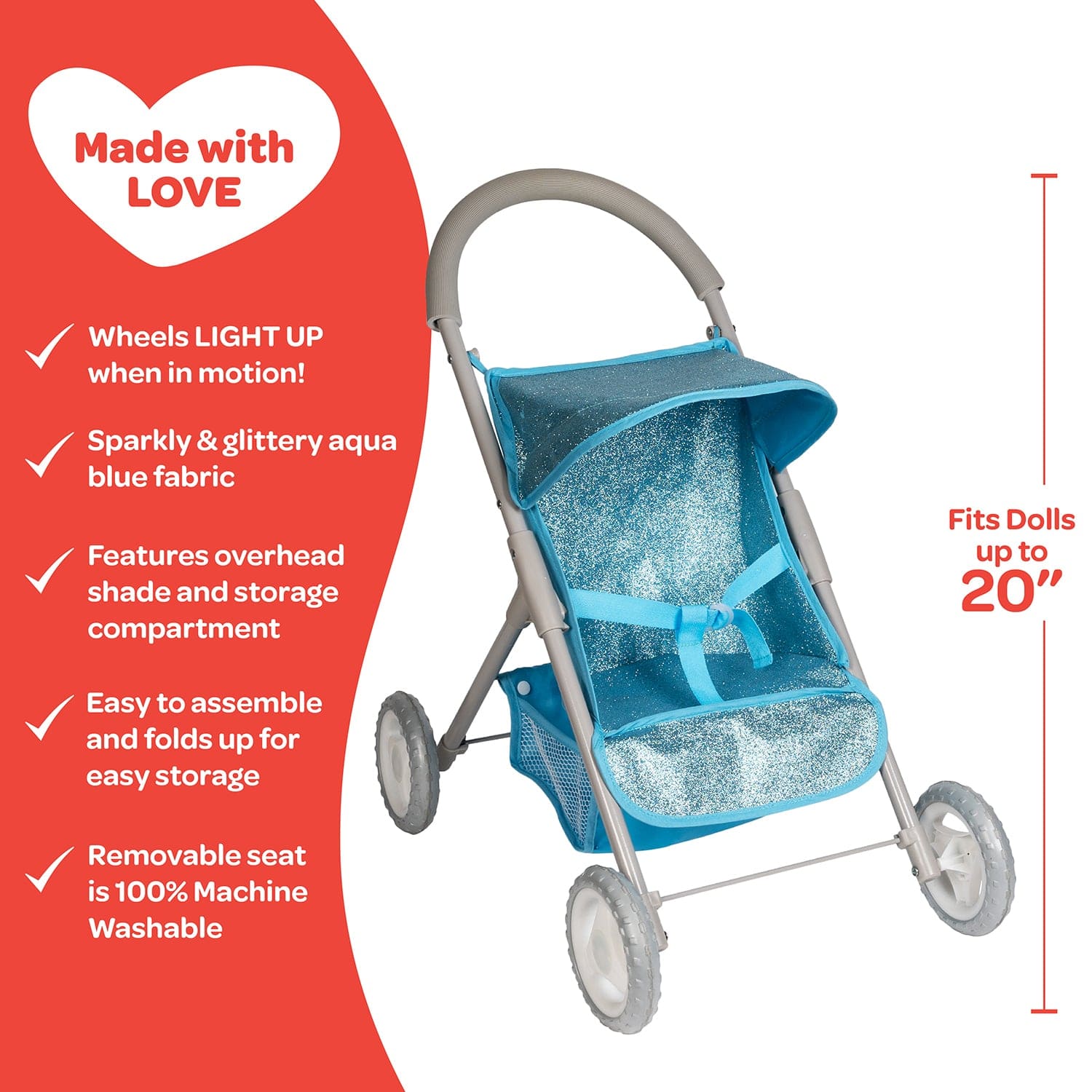 Adora Glittery Baby Doll Stroller with Light-Up Wheels & Medium Shade - Blue Glam - Image 4