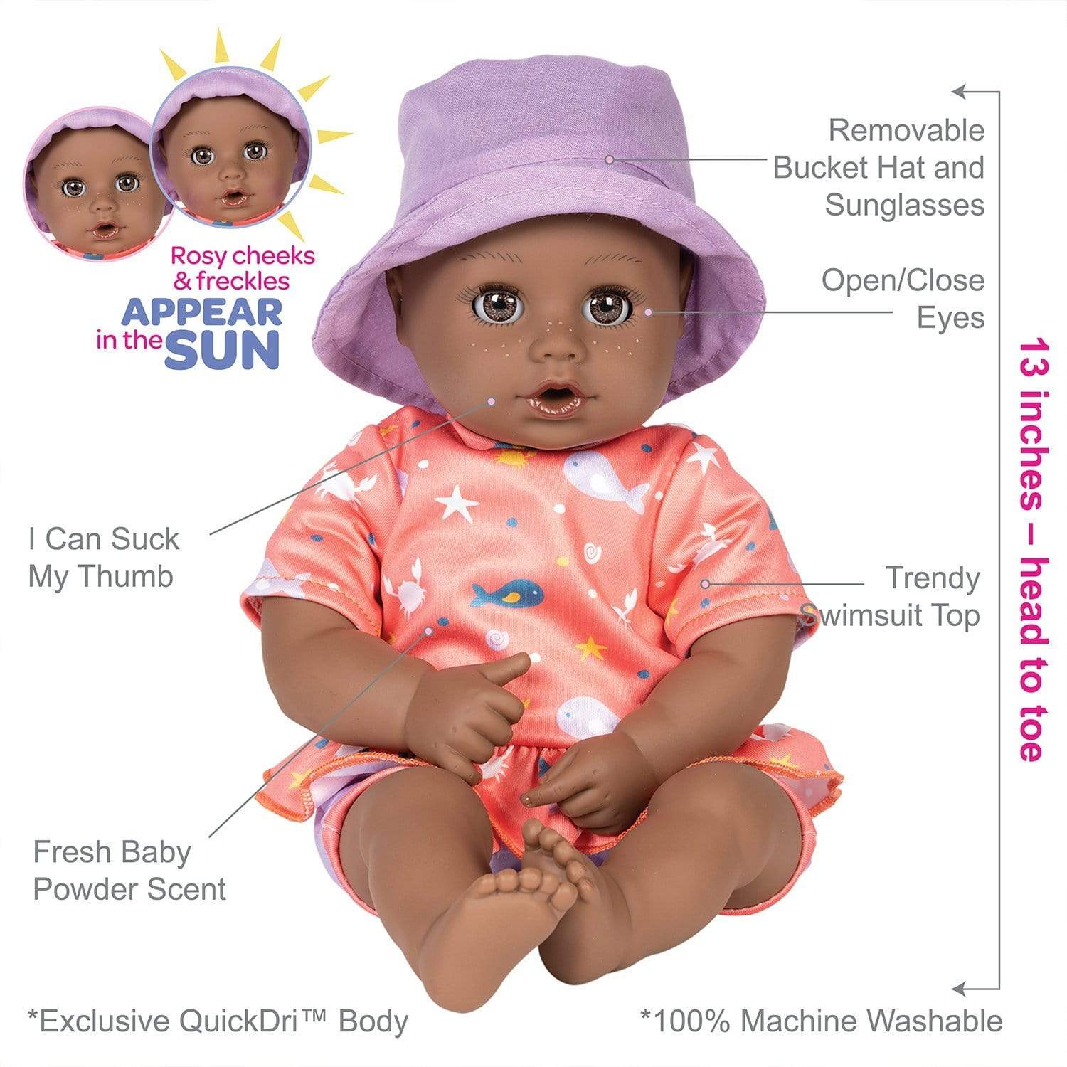 Adora Beach Baby African American Doll with Sun-Activated Freckles, Clothes & Accessories Set - Baby Piper - Image 4
