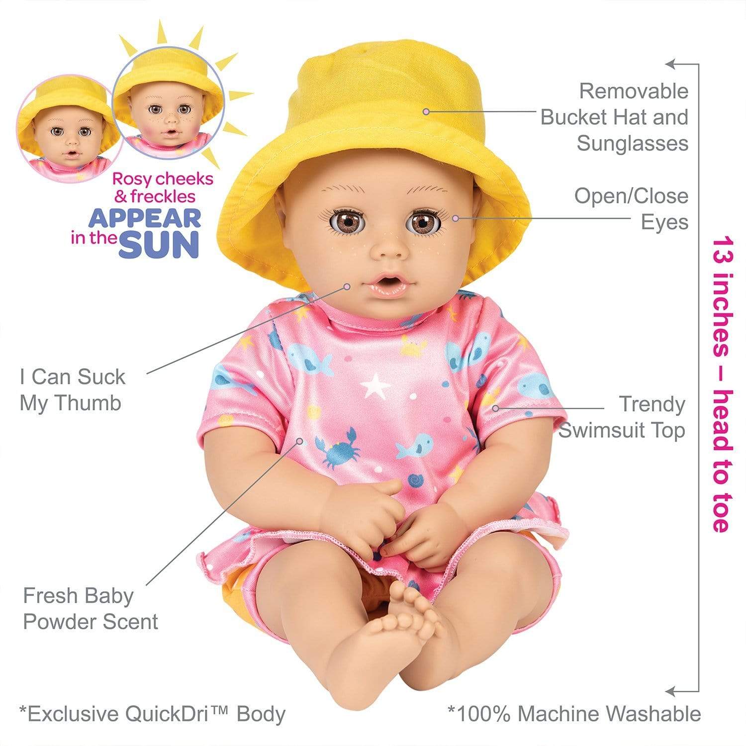 Adora Beach Baby Doll with Sun-Activated Freckles, Clothes & Accessories Set - Baby Rose - Image 4