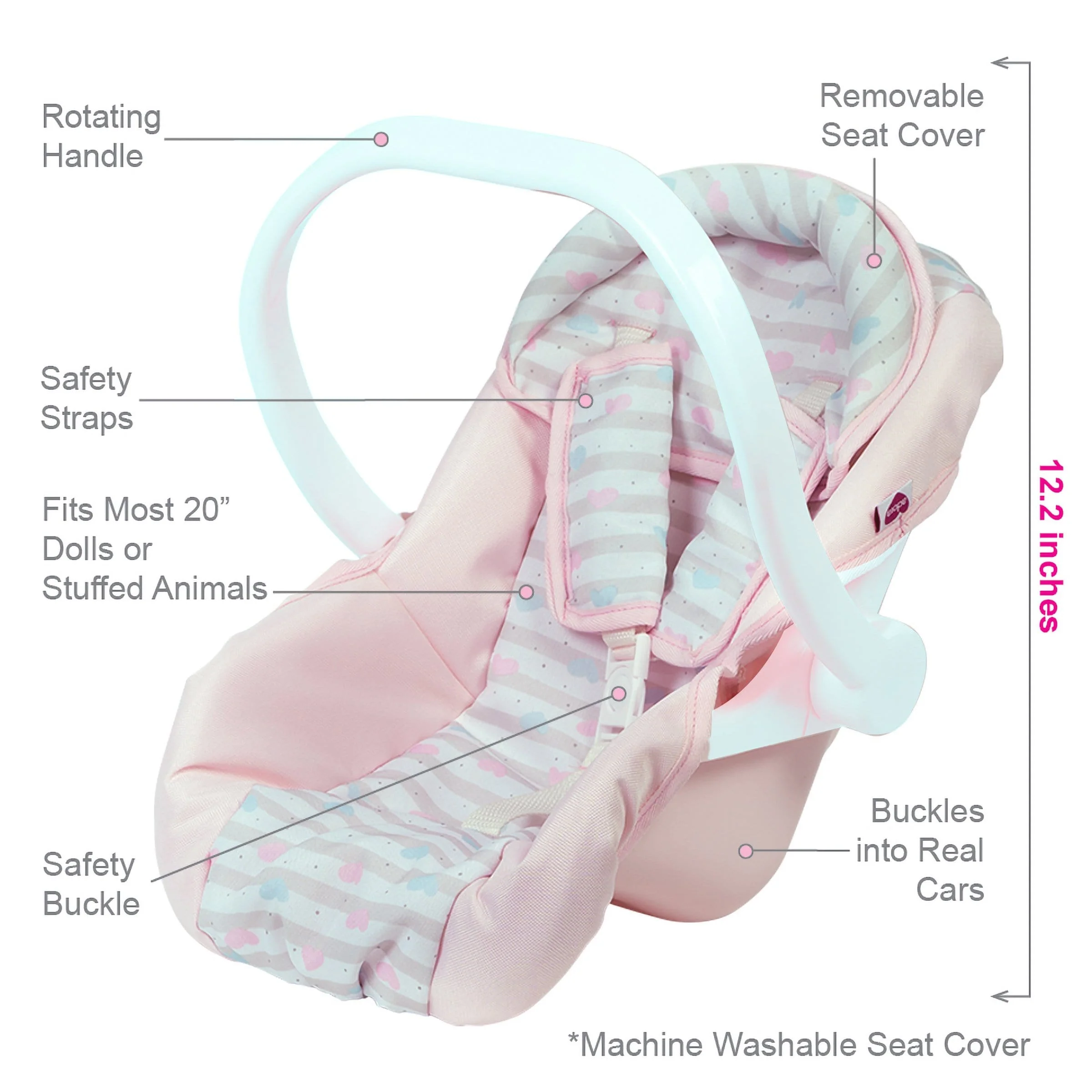 Adora Baby Doll Car Seat Carrier - Pastel Pink Hearts (White handle) - Image 4