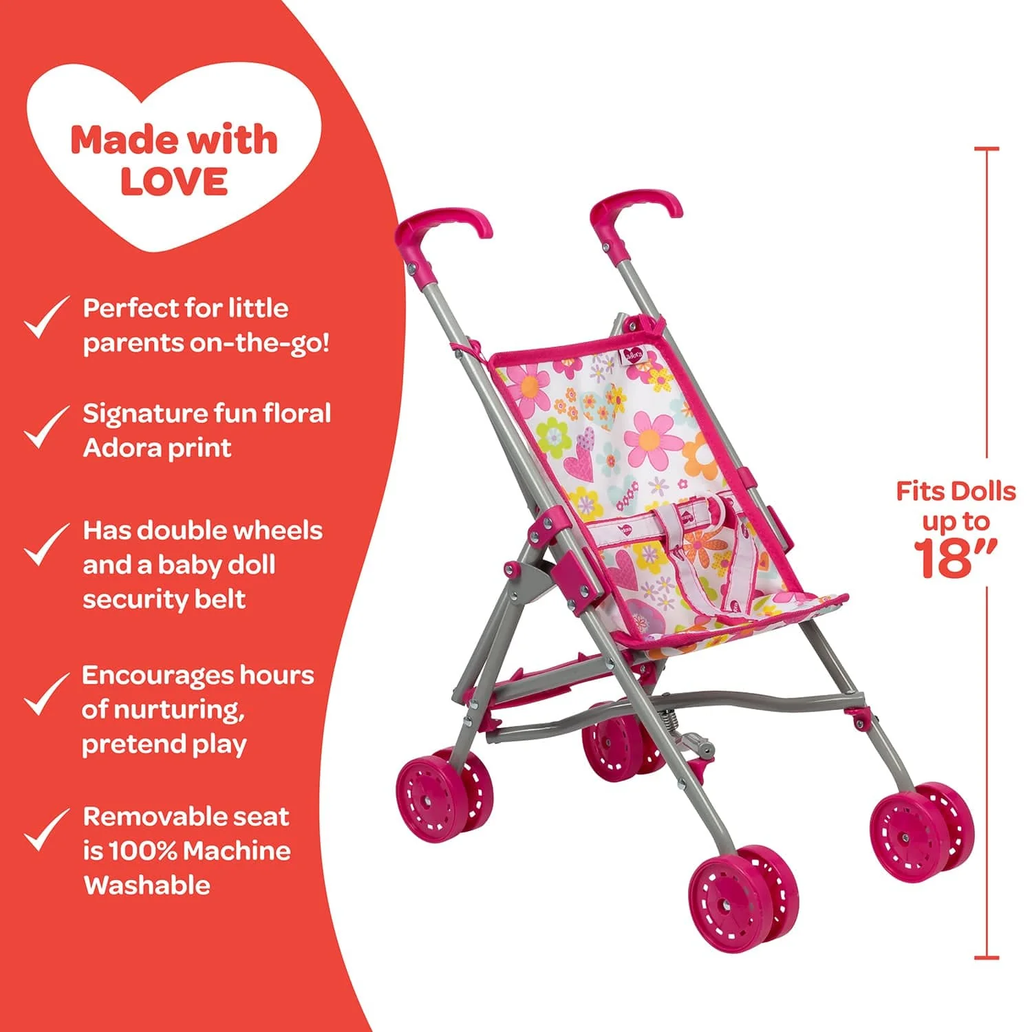 Adora Small Baby Doll Stroller with Umbrella Shade & Floral Print - Image 3