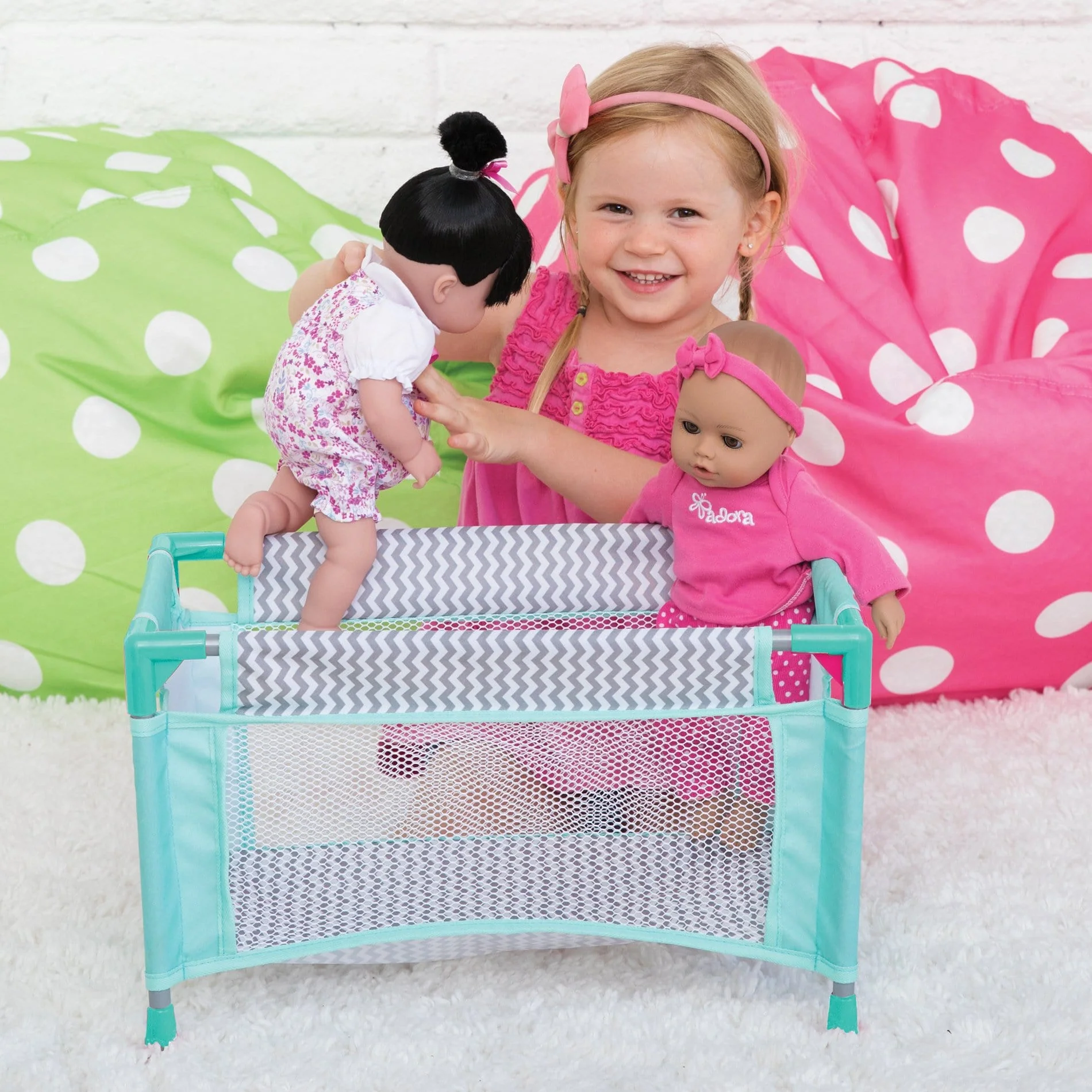 Adora Baby Doll Playpen Bed & Carry Case - Zig Zag (Aqua green rods) - Image 3