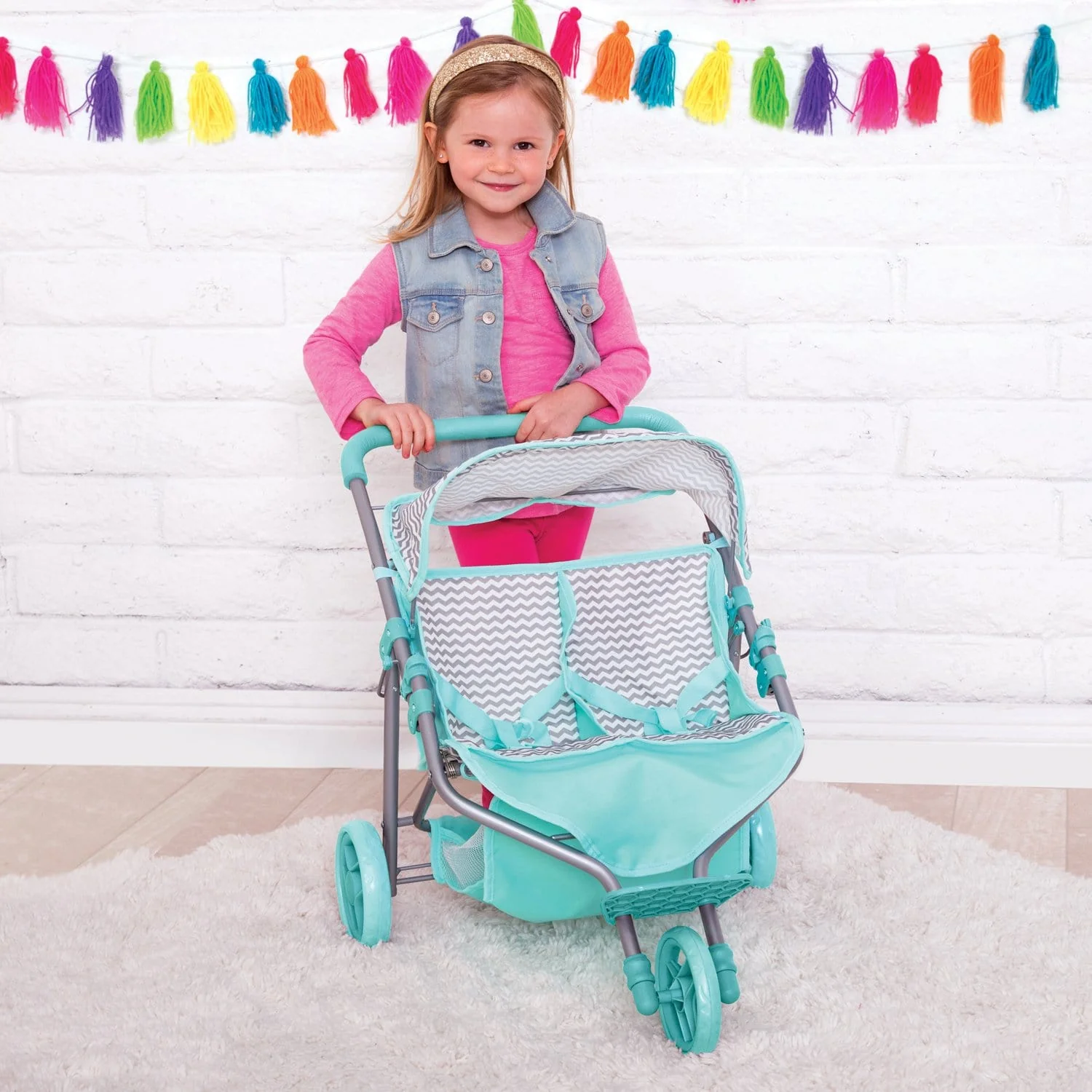 Adora Twin Jogger Baby Doll Stroller - Zig Zag (Aqua Green handle) - Image 3