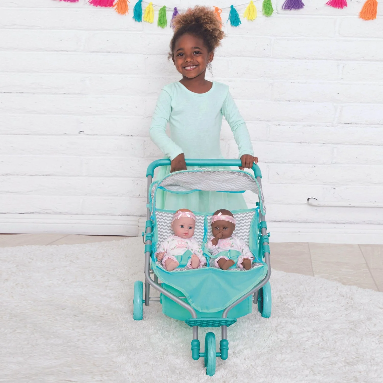Adora Twin Jogger Baby Doll Stroller - Zig Zag (Aqua Green handle) - Image 5
